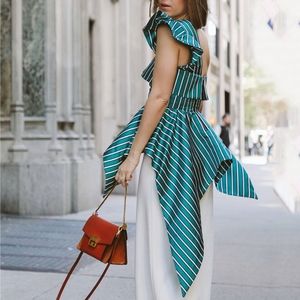 One Shoulder Asymmetrical Peplum Pinstripe Green Top Satin Medium